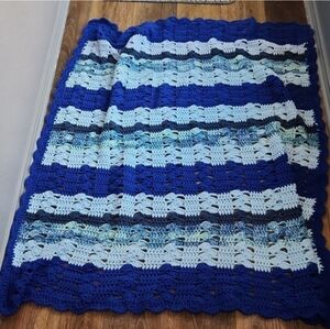 Knitted Crocheted Throw Blanket Blue Stripes